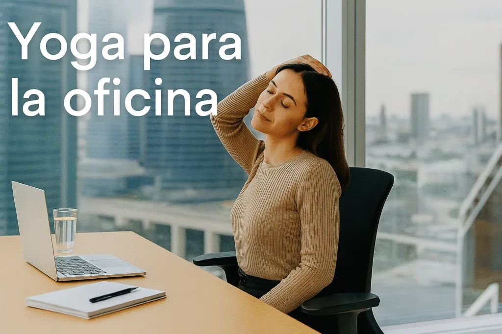 Mujer haciendo yoga en silla oficina aliviar dolor espalda madrid